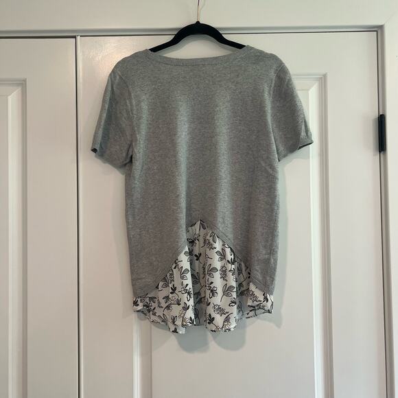 Loft Women's Short Sleeve Grey Sweater Blouse with Chiffon Ruffle Size M - Picture 5 of 8